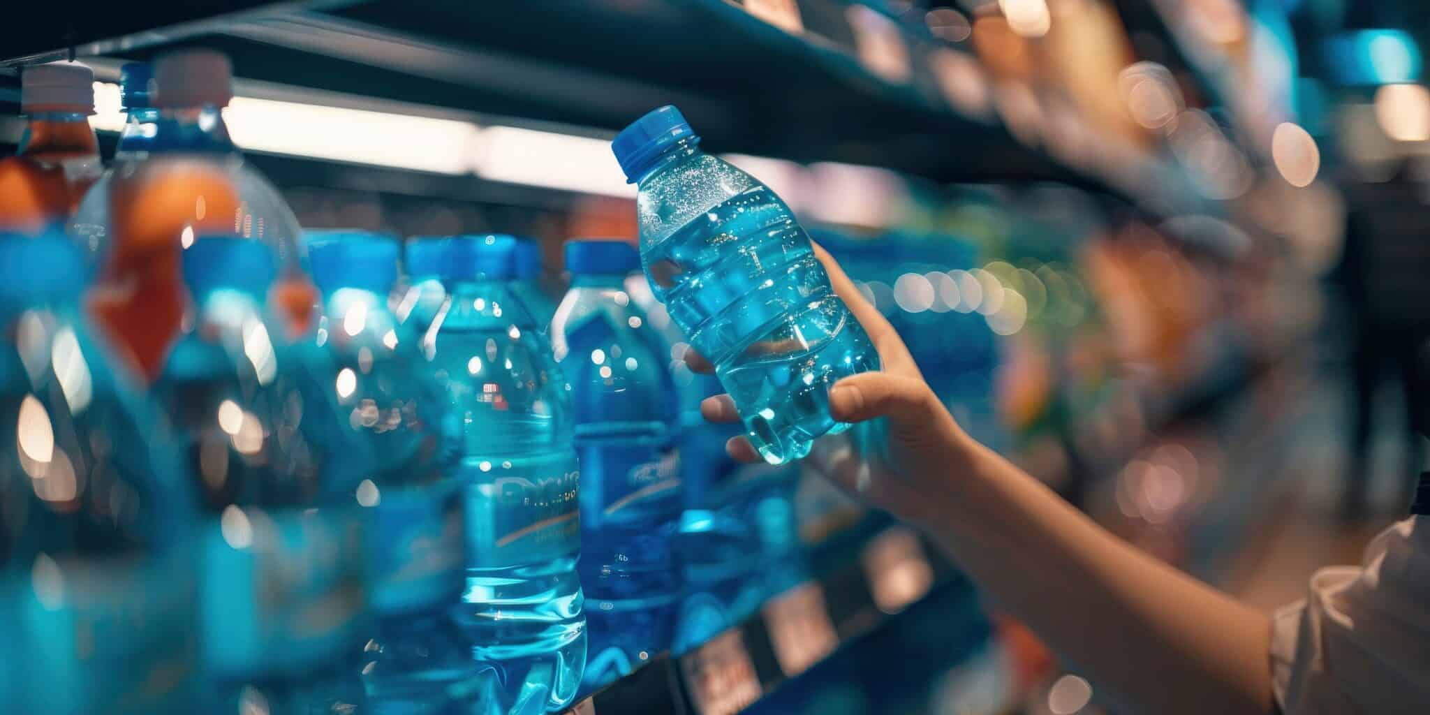 Woman's hand taking a blue water bottle from a shelf in a supermarket, with a blurred background.