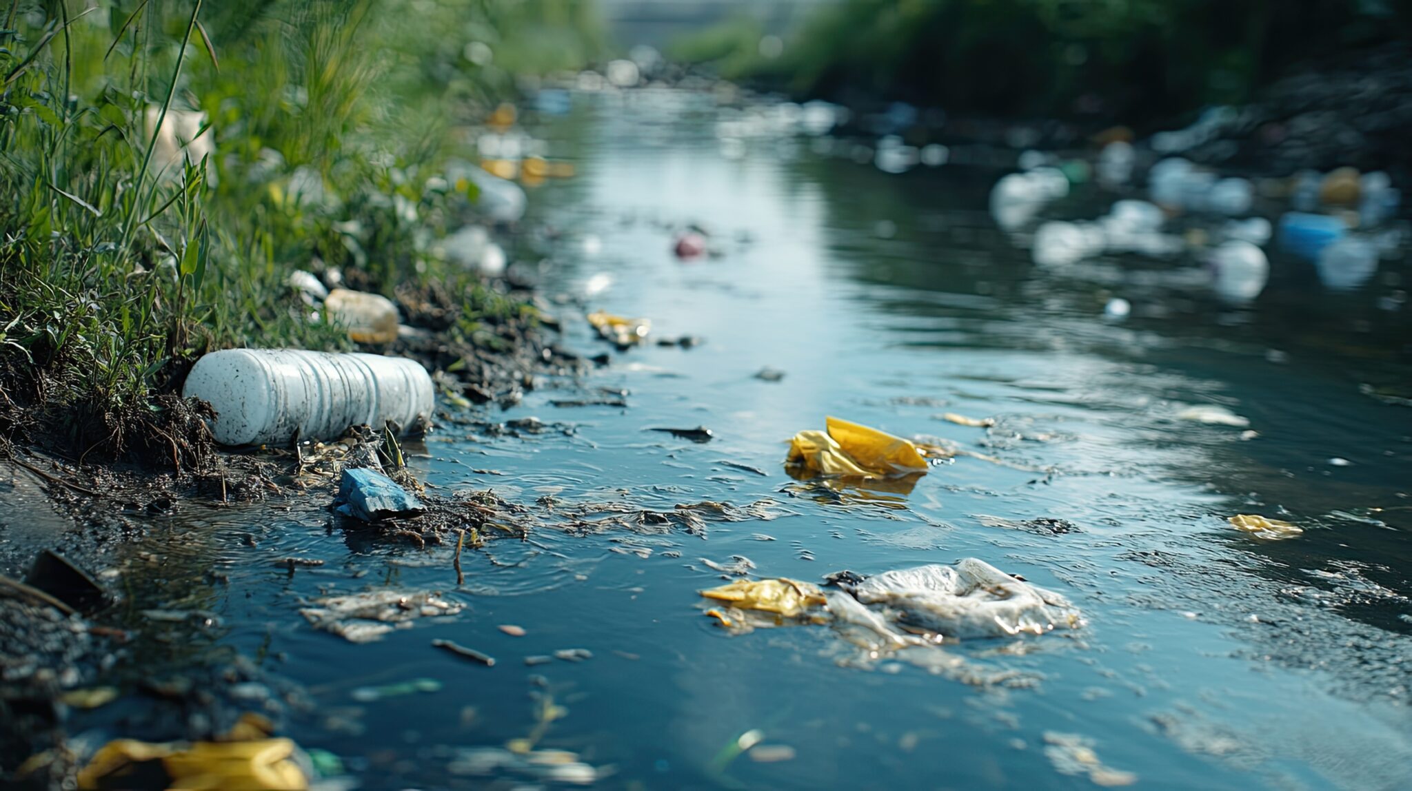 A polluted river with murky water and floating debris, showcasing the consequences of water pollution.